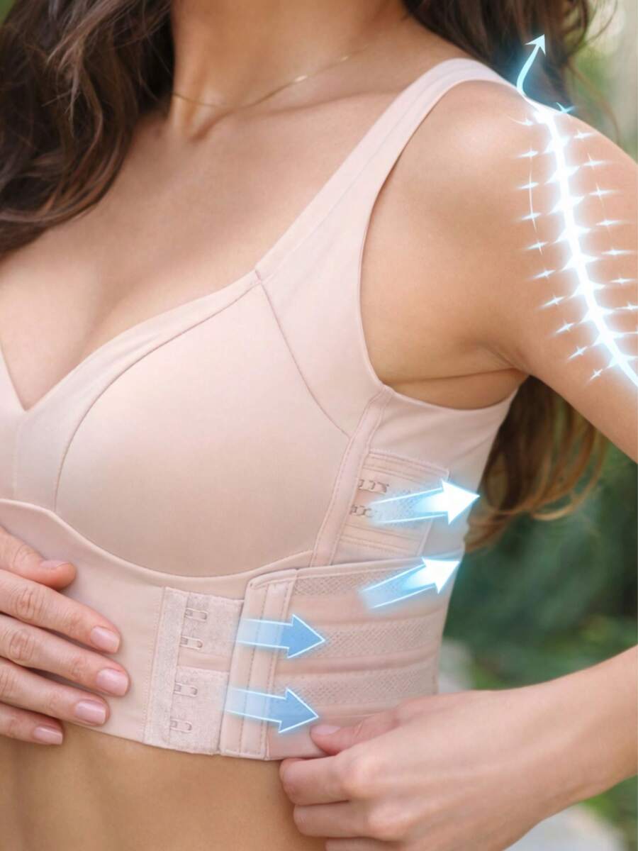 Sutiã Reforçado de Sustentação com Fecho Frontal e Alças Cruzadas para o Dia a Dia ajuda na Postura - Bege - Visão 1