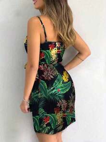 Women's Tropical Plant Print Twist Camisole Dress, Vacation-Wear - Multicolor - View 2