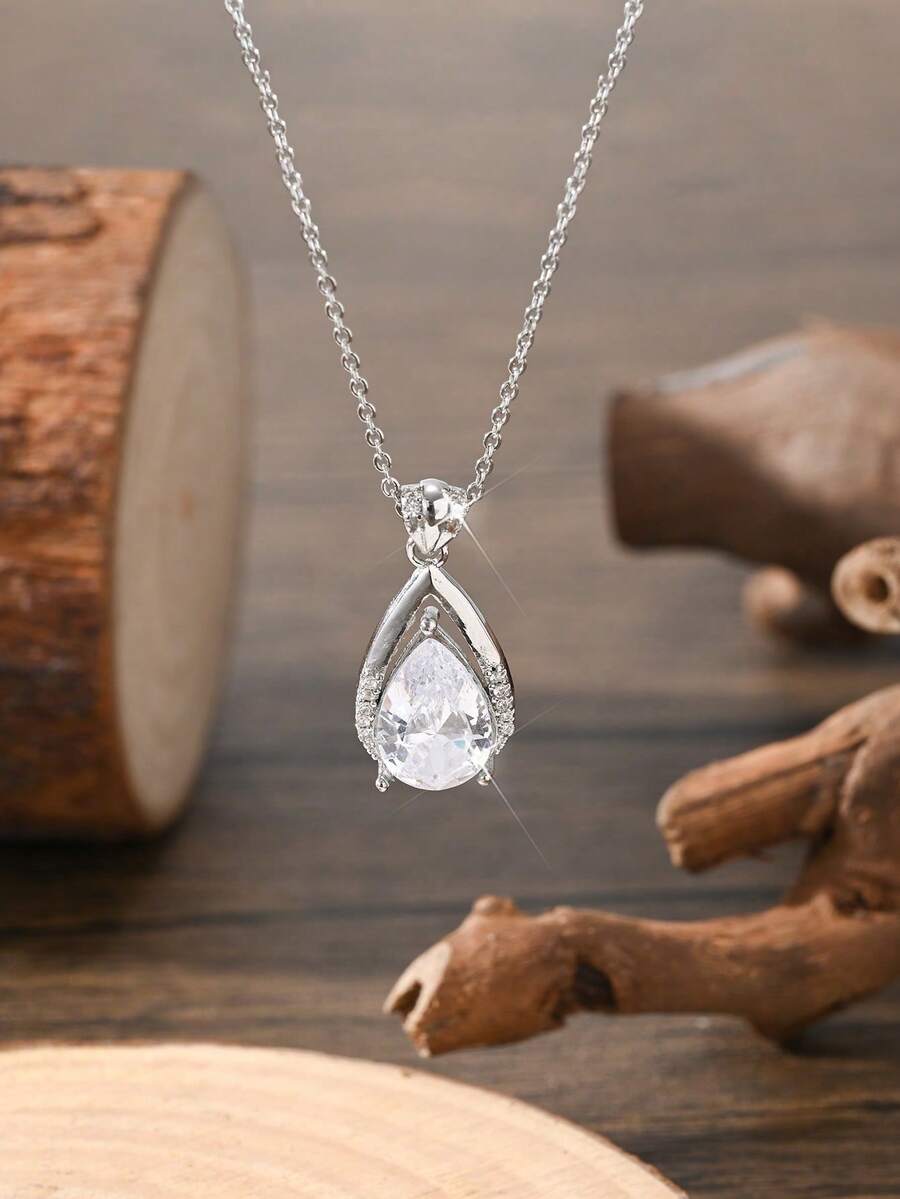 1pc Copper Alloy Zirconia Waterdrop Necklace For Women - Silver - View 1