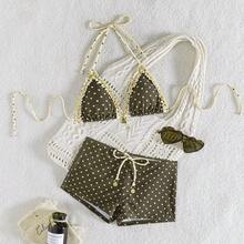 wohenmeili 女士夏季沙滩波点荷叶边吊带性感比基尼泳衣套装 - 棕底黃點+黃棕點邊 - 查看 6