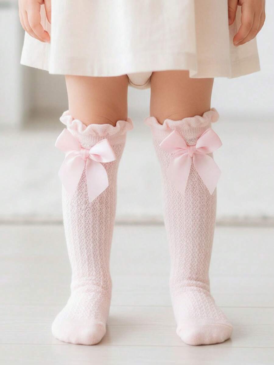 1双蝴蝶结网眼中筒袜 - 透气弹力，适合春夏男女童穿着 - 彩色 - 查看 1