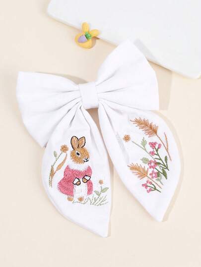 1个兔耳朵复活节发箍蝴蝶结，可爱兔子花朵刺绣发夹，白色鳄鱼夹蝴蝶结发卡，女孩礼物派对婚礼春季甜美发饰