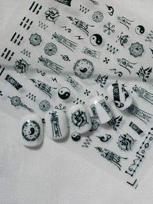 1 Sheet Chinese Taoist Talisman Themed Nail Art Stickers, Featuring Taoist Talismans, Yin Yang, Bagua, Flames, Seals, Coins, Mudras, Cloud Patterns, Chains, Embodying Chinese And Dark Occult Aesthetics, Suitable For Those Pursuing Individuality And Interested In Chinese Mystical Culture Nails - Black - View 7