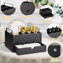 Dispensador de platos de papel con cajón, soporte de platos de papel para la encimera de la cocina, cesta rústica de madera para cubiertos y utensilios, organizador de cubiertos y vajilla para tazas, cucharas, tenedores, platos, servilletas, accesorios de cocina negros - Negro - Ver 6
