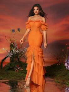 VIPGIRL Women's Off-Shoulder Mesh High Slit Ruffle Hem Evening Gown, Orange Dress - Orange - View 5