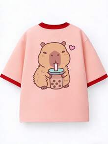 少女粉色圆领可爱水豚波霸奶茶印花宽松短袖T恤，适合海滩度假 - 粉色 - 查看 3