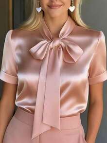 女士优雅蝴蝶结领短袖衬衫 - 缎面般挺括面料，百搭春夏衬衫 粉色 - 粉色 - 查看 1