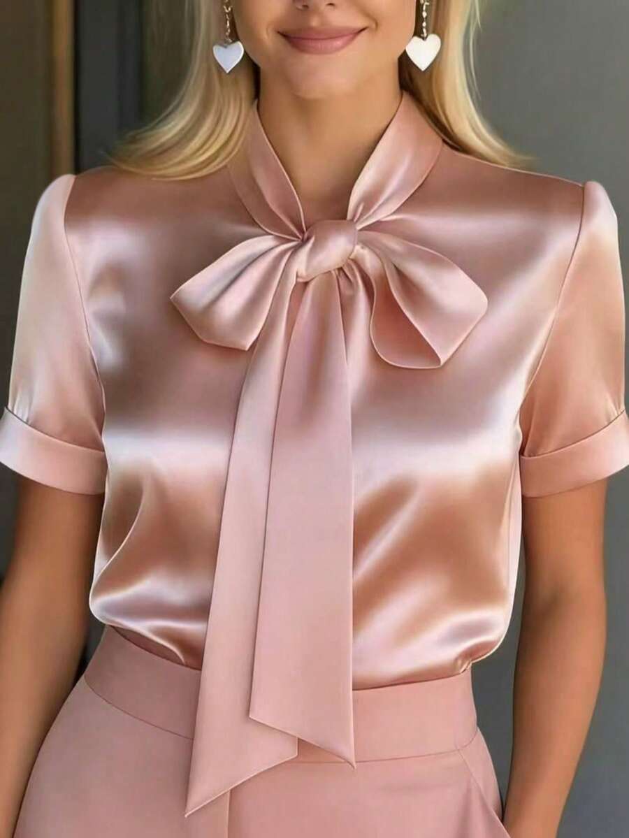 女士优雅蝴蝶结领短袖衬衫 - 缎面般挺括面料，百搭春夏衬衫 粉色 - 粉色 - 查看 1