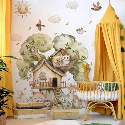 BRUP 2/3pcs Set Dreamy Treehouse Wall Stickers, Includes Sun, Clouds And Animal Patterns, Self-Adhesive Decor For Kids Room, Suitable For Nursery And Bedroom Walls, PVC Animal Wall Art