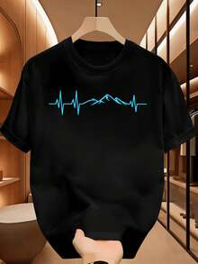T-shirt graphique Mountain Heartbeat, printemps, col rond, coupe décontractée, confortable, imprimé accrocheur - Noir - Voir 2