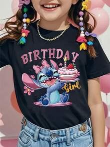 Disney Stitch Birthday Cake Printed Pattern T-Shirts For Girls - Children's Clothing Design Short-Sleeved Casual And Cute Style Comfortable And Casual Wear All Year Round Suitable For Parties And Play Machine Washable Gift Children's Clothing Girls' Short-Sleeved Shirts - Black - View 1