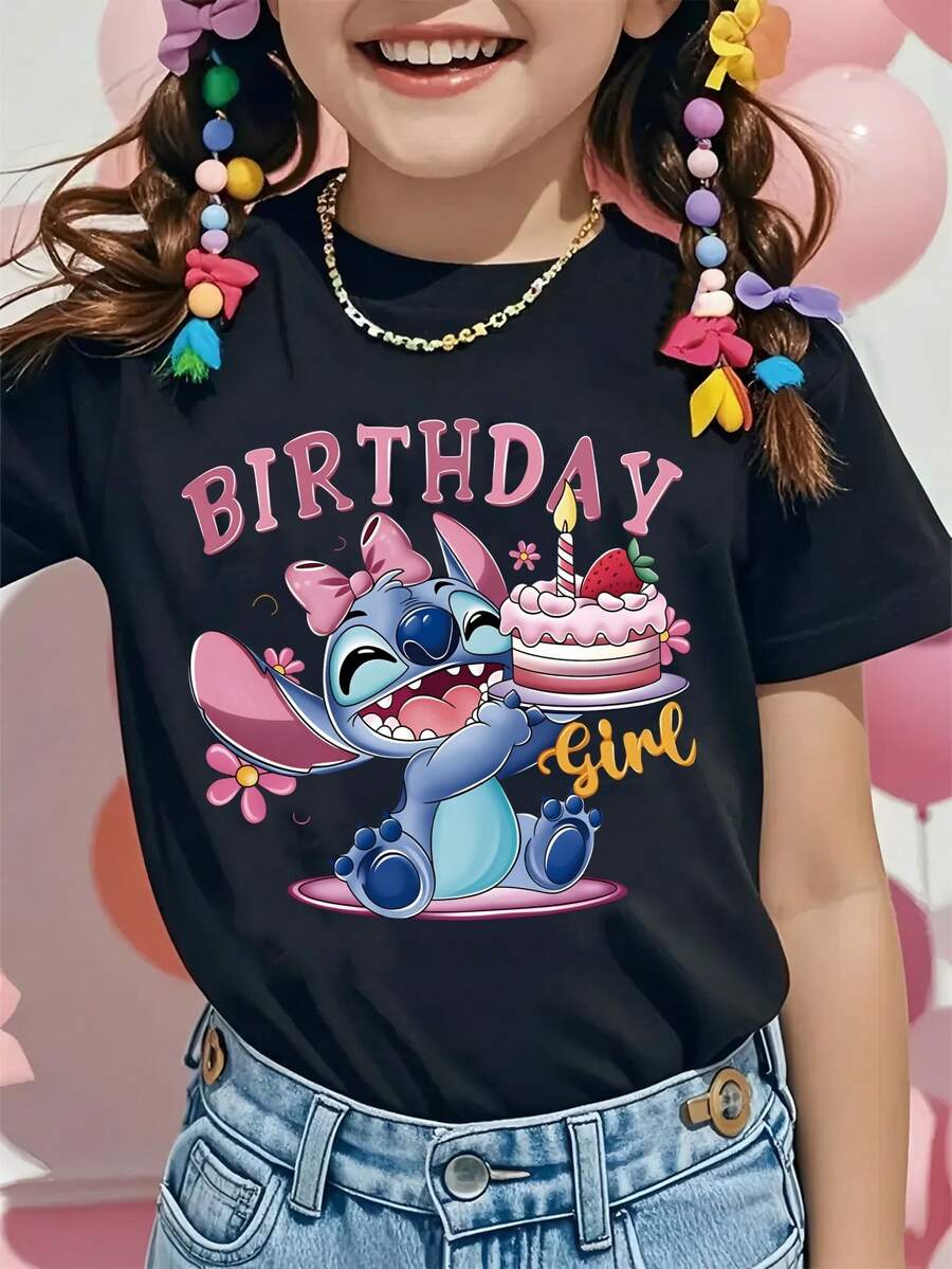 Disney Stitch Birthday Cake Printed Pattern T-Shirts For Girls - Children's Clothing Design Short-Sleeved Casual And Cute Style Comfortable And Casual Wear All Year Round Suitable For Parties And Play Machine Washable Gift Children's Clothing Girls' Short-Sleeved Shirts - Black - View 1