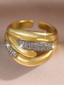 1 Peça Anel Feminino Glamoroso de Estilo do Oriente Médio com Duas Cores Geométricas e Zircônia Cúbica, Joia de Cobre para Presente de Aniversário, Aniversário de Casamento da Esposa e Festa da Mãe - Ouro amarelo - Visão 7