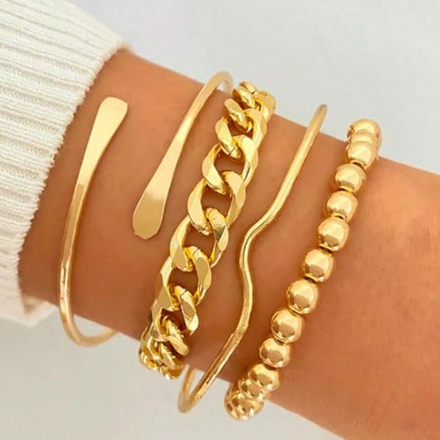 5 pulseras gruesas de oro apiladas brazaletes de oro gruesos para mujer no se deslustra cadena de plata delicada cadena de serpiente en capas paquete de pulseras de eslabones cubanos para mujer - B1: pulsera de oro grueso - Ver 1