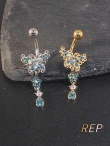 Gold-Plated Curved Barbell, Belly Button Rings, Surgical Stainless Steel Inlaid Glitter Zirconia,Butterfly Piercing Jewelry For Women, Daily Wear & Holiday Gift& Date& Party - Multicolor - View 7