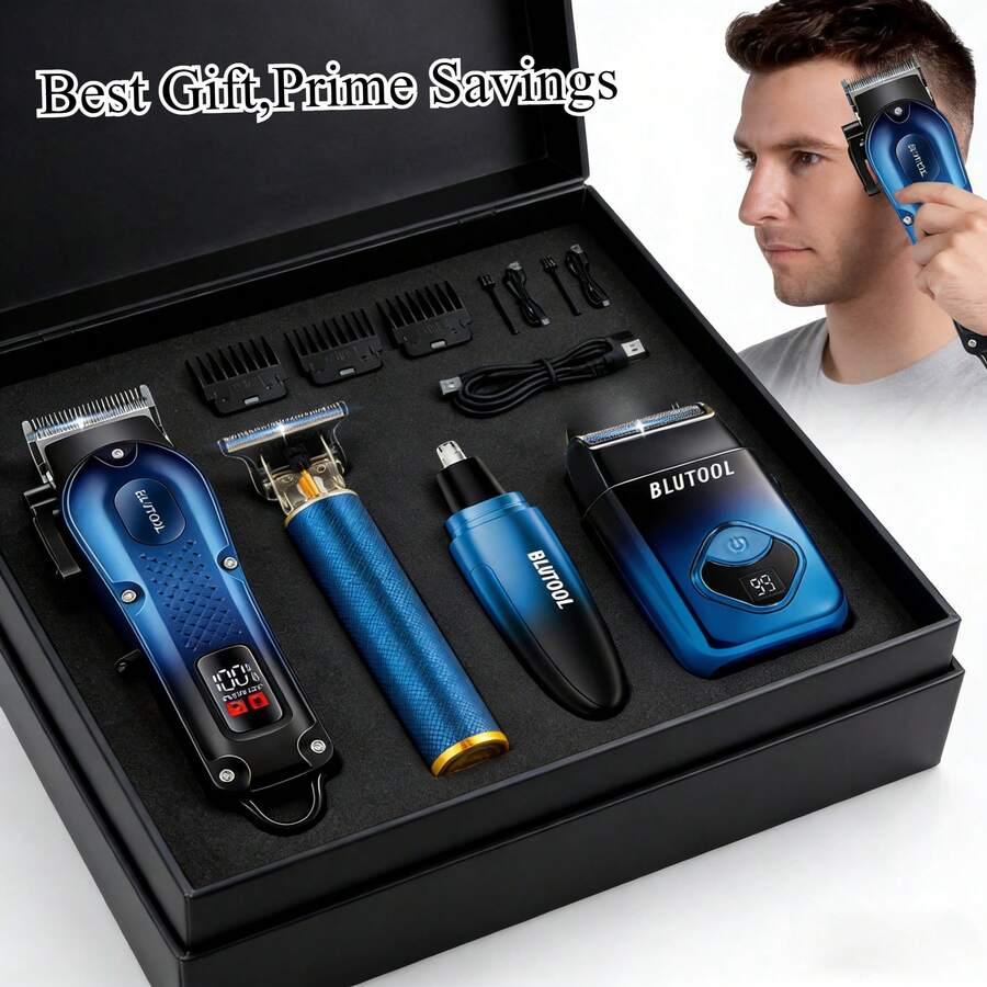 BLUTOOL 4pcs USB Rechargeable Electric Grooming Set Includes A Hair Clipper, Electric Shaver, And Nose/Ear Hair Trimmer, And Features An LCD Battery Level Display. It'S An Ideal Gift For Husbands, Boyfriends, And Elderly Relatives. Precision Trimmer, Suitable For Haircuts, Shaving, And Styling. Gift For Fathers, Husbands, Or Boy Friend - 藍色 - 查看 1