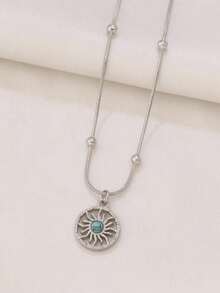 1件不锈钢天然绿松石太阳吊坠项链，女士时尚18K金珠蛇形链项链，珠宝礼品 - 項鍊 - 查看 8