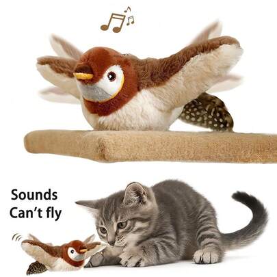 Đồ chơi cho mèo hình chim cánh lớn (không bay được), đồ chơi tương tác hình chim hót cho mèo con hoặc chó nhỏ, kích hoạt bằng cảm ứng, có thể sạc lại, đồ chơi điện tử phát ra âm thanh chim hót cho thú cưng.