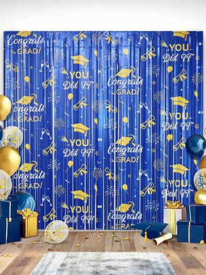 2pcs Blue & Gold Graduation Tassel Curtain, Graduation Cap Design 2026 Graduation Party Decor Metal Tassel Backdrop, Suitable For High School/College Graduation Ball, Graduation Season Home Decor