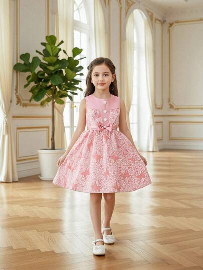 Vihyde 1pc Sweet Bowknot Decor Sleeveless Satin Princess Dress For Tween Girl