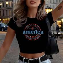 Women's America Graphic T Shirt 4th Of July Memorial Day Shirt USA Patriotic Casual Short Sleeve Tee Tops Sexy Women's Crop Tops Stylish Belly-Baring Tees Summer Street Style Staples Funny Women's Crop Tops, Summer Women's Clothing, Women's Home T-Shirts, Women's Outdoor Streetwear, Women's Sports T-Shirts, Women's T-Shirts, Women's Party Costumes, Carnival Costumes, Black Summer Casual Short-Sleeve T-Shirts Summer Outfits For Women Women's Tops Tee - Black - View 1