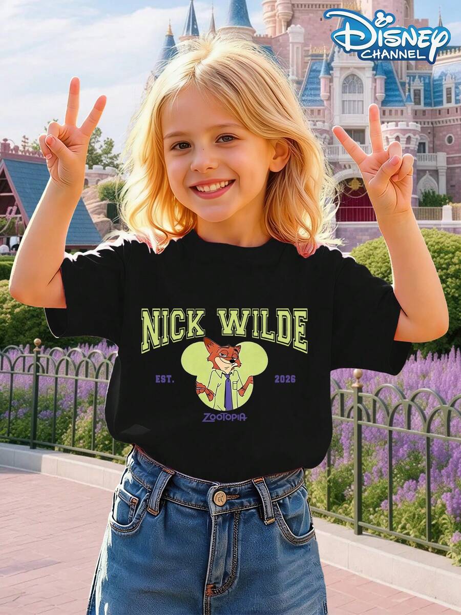 Disney Girls' T-Shirt With Nick Wilde Cartoon Print And Letter Pattern, Casual And Stylish Summer Everyday Wear, Round Neck Short Sleeve. - màu đen - Xem 1