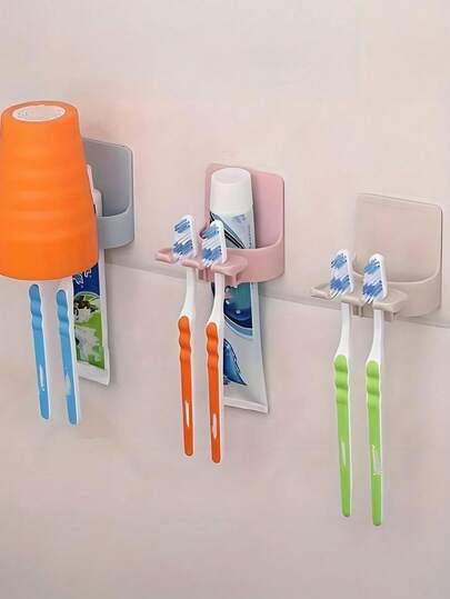 1个壁挂式牙刷牙膏架，无需钻孔和胶水 - 安装简便，节省浴室空间。适用于台面、浴缸和淋浴区。采用卫生塑料制成（非常适合租房者和小户型住户）。