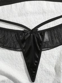 Fashionable French Charm Hollow Design, Sexy Mesh Sheer Black Bra, Alluring Semi-See-Through Lingerie With Low-Waist Thong - Black - View 6