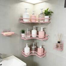 Bathroom Corner Shelf Set Of Five Pieces, Self-Adhesive Stainless Steel Material, No Drilling Required, Rustproof And Durable, Pink Bathroom Decor Accessories, Shampoo And Body Wash Storage Basket, Large Capacity Hollow Circular Design. - 粉色 - 查看 1