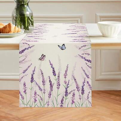 1PC Purple Lavender Table Runner 33.08 X 182.88 Cm Spring Floral Butterfly Green Leaves Summer Kitchen Dining Table Decor Indoor Outdoor Home Party Decoration