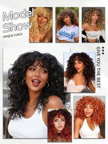 Curly Wigs For Women Long Curly Afro Wig With Bangs For Women Big Bouncy Fluffy Synthetic Fiber Glueless Hair For Cosplay And Daily - 漸層紅色 - 查看 7