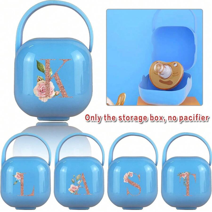 Hộp đựng núm vú giả bằng silicon, hộp đựng núm vú giả kín khí có nắp đậy, có thể gắn vào túi đựng tã hoặc xe đẩy, bao gồm họa tiết chữ cái A-Z màu vàng hồng, quà tặng Eid Al-Fitr. - Màu xanh lam - Xem 1