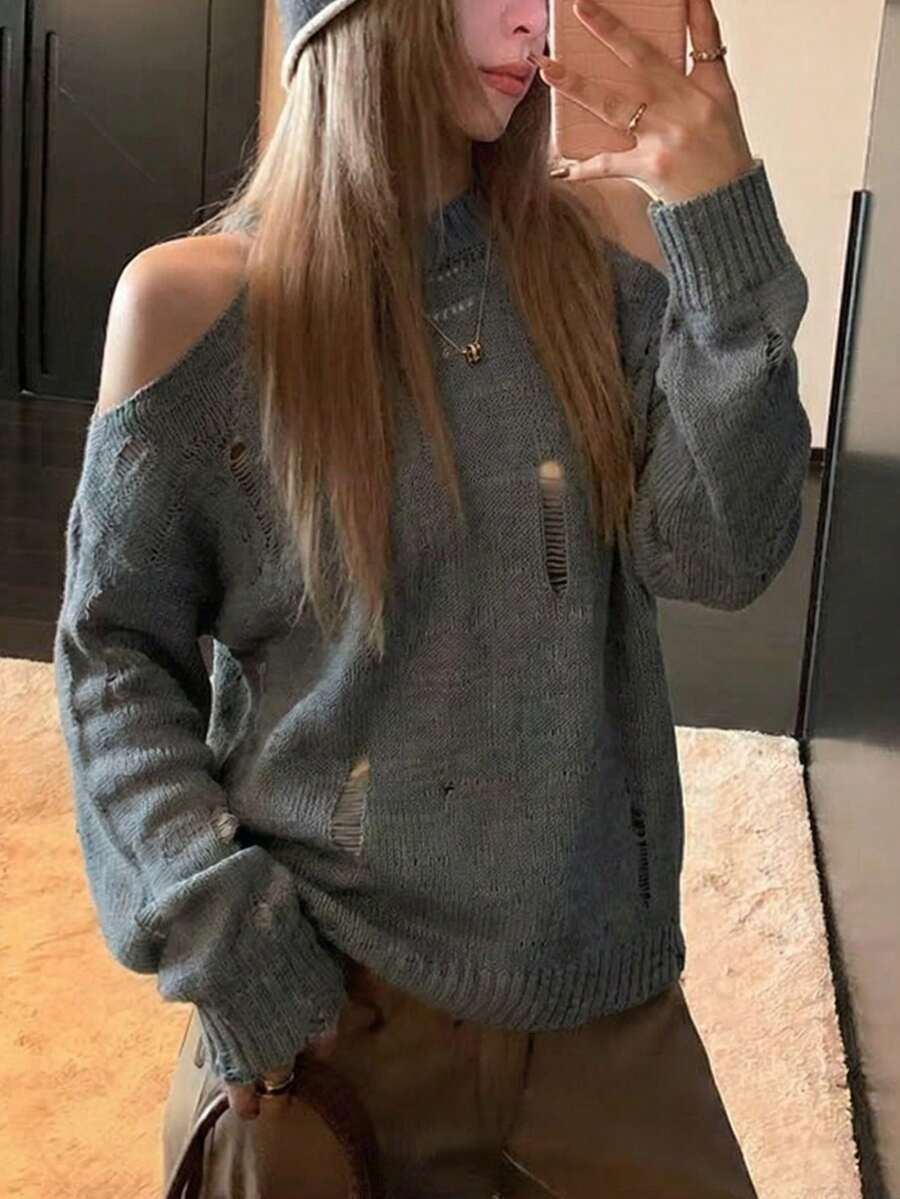Women's Autumn/Winter Hollow Out Shoulder Cutout Knit Sweater, Sweet & Cute, Loose Fit, Flattering, Lightweight Pullover - Grey - View 1