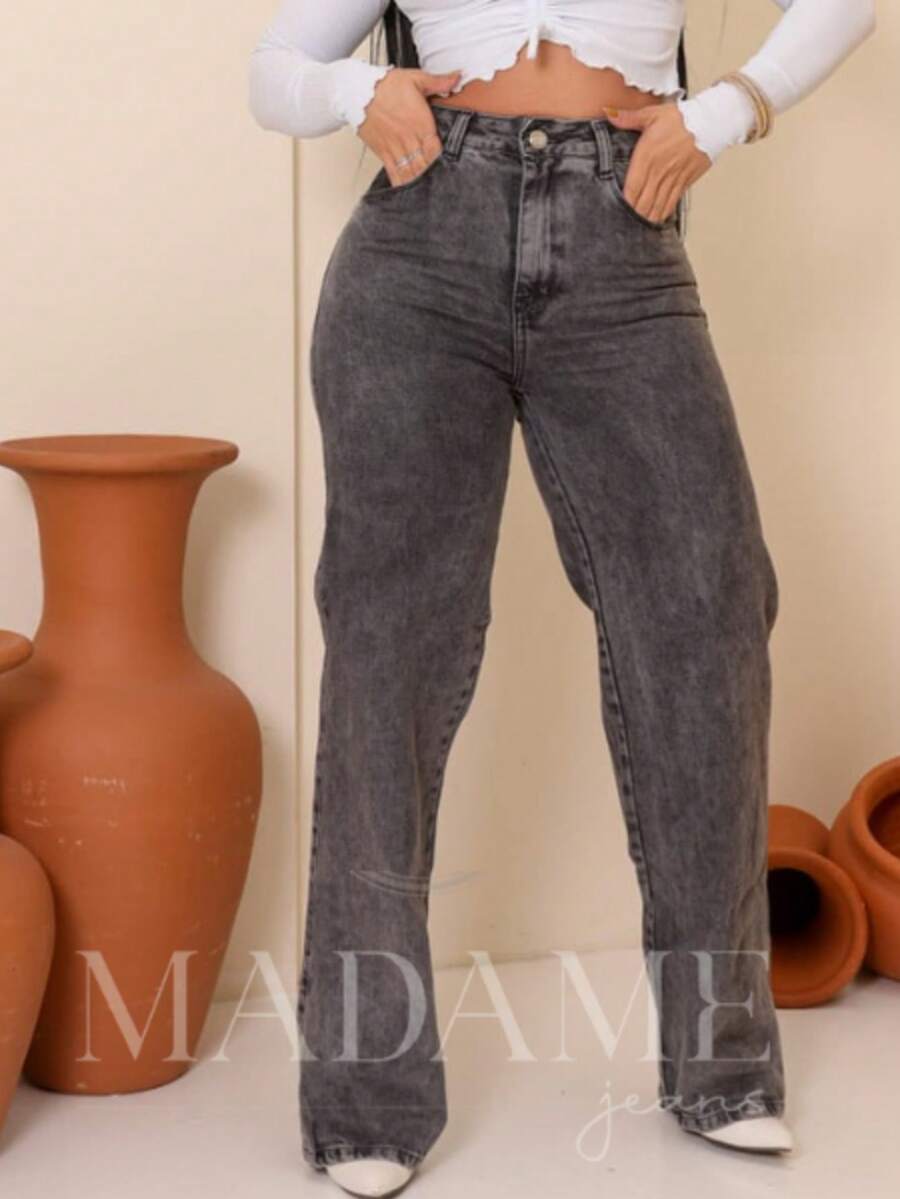 Women's High-Waisted Wide-Leg Jeans, Light-Colored Plain Denim, Premium - 石墨 - 查看 1