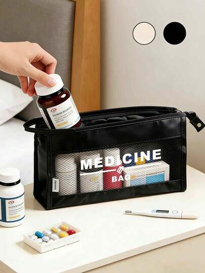 Large Capacity Travel Mesh Storage Bag Printed With "Medicine Bag" Pattern, Portable Medicine Bag, First Aid Medical Emergency Tool Kit, Outdoor Home Medicine Pill Storage Bag, First Aid Kit Organizer Bag, Travel Emergency Medicine Bag