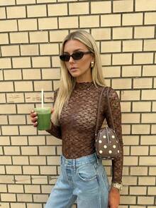 Women's Sexy Sheer Lace Textured Thin Breathable Fitted Base Layer Top - Brown - View 6