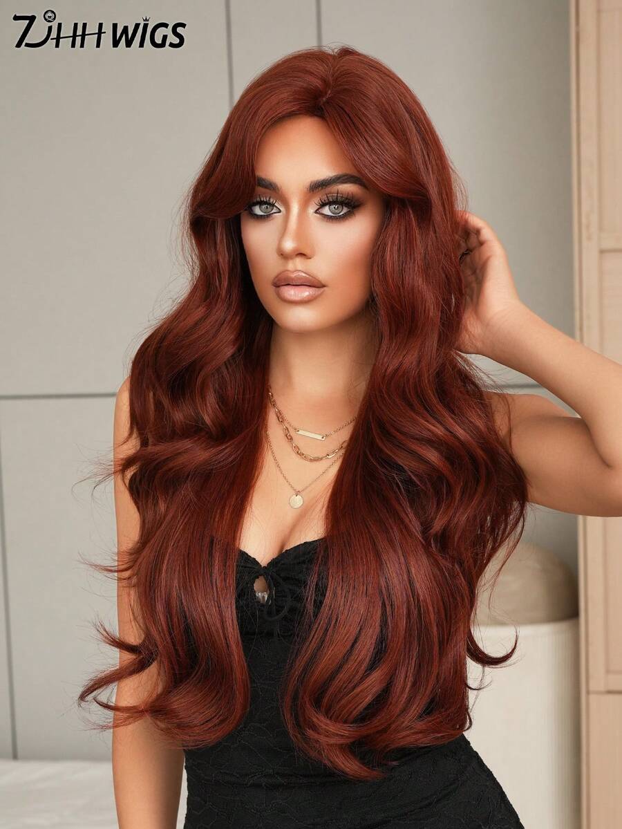7JHH WIGS Orange Extra Long Wave Wigs For Women 28 Inch Extra Long Wavy Wig With Side Curtain Bangs, Heat Resistant Fiber Hair Synthetic Curly Wig For Daily & Music Festival Party Wear, Halloween Cosplay Costume Use Fashion Wig Accessories
