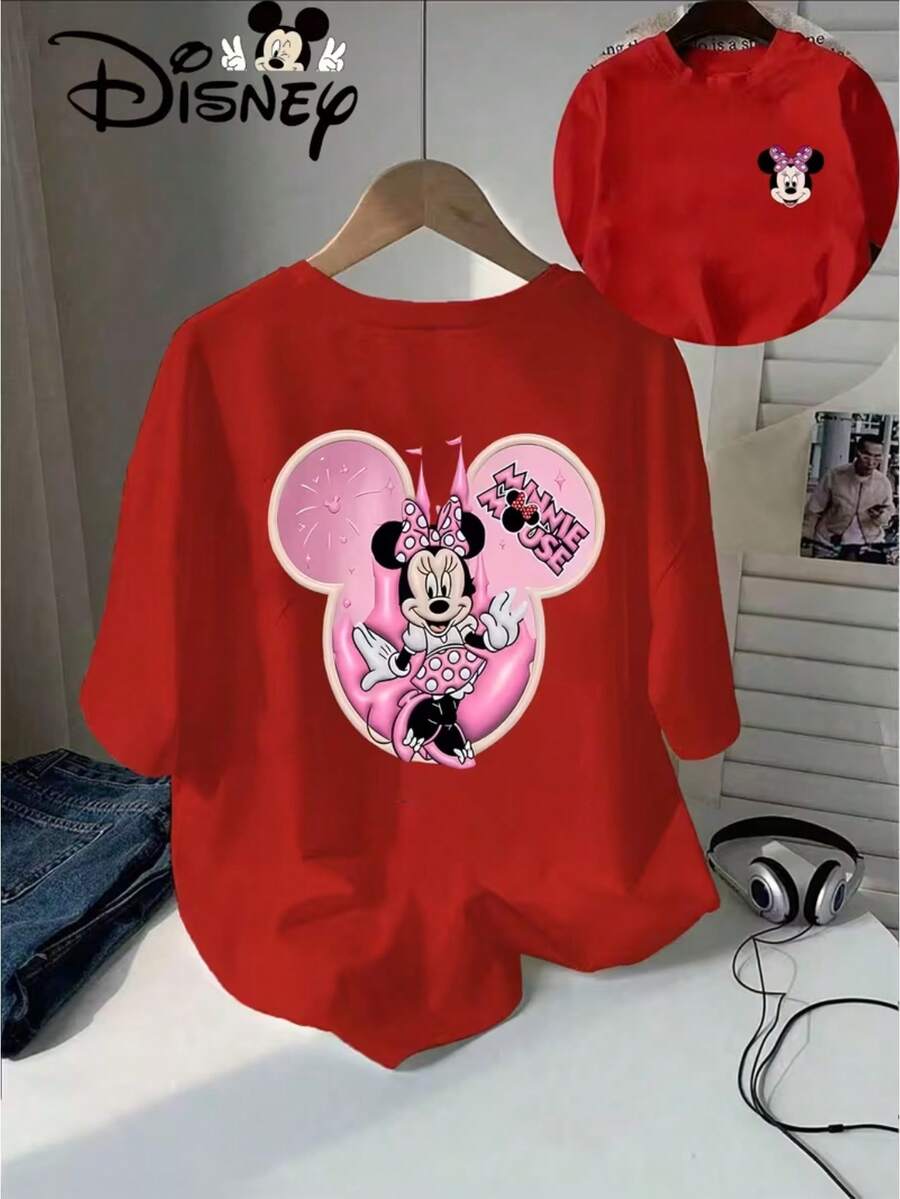 Authentic Disney Minnie Mouse Cartoon Image Disney Summer New Short-Sleeved T-Shirt Shirt Men And Women Casual Fashion Printed T-Shirts. - Red - View 1