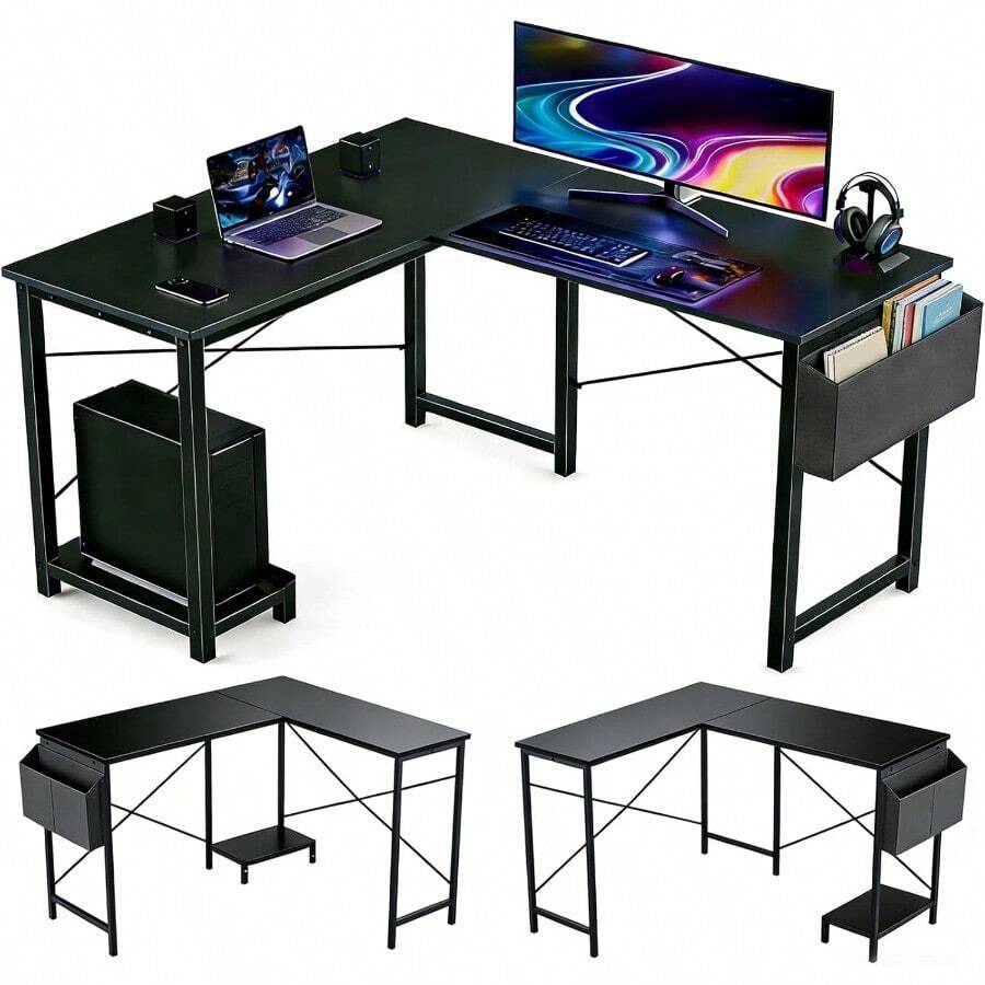 L Shaped Desk, 50 Inch Reversible Computer Desk Corner Gaming Table With CPU Stand & Storage Bag, Sturdy Metal Frame PC Workstation For Home Office - Black - View 1