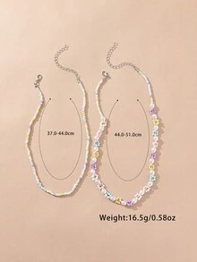 2pcs Bohemian Chic Beaded & Pearl Flower Necklace Set, Handmade Jewelry Suitable For Vacation & Daily Wear - Multicolor - View 3