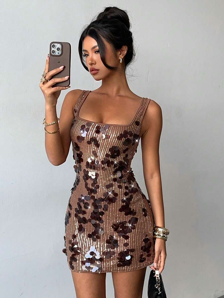 Đầm mini ôm sát không tay màu nâu, cổ vuông, hở lưng, đính sequin, thích hợp cho tiệc tùng, đi hộp đêm, hẹn hò, tiệc độc thân, hoặc đi nghỉ mát thanh lịch và gợi cảm dành cho nữ. - màu nâu - Xem 1