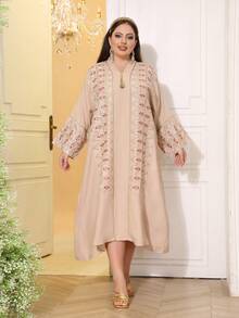 2026新款斋月传统优雅刺绣串珠金色连衣裙，V领流苏奢华端庄阿拉伯女装 JALABIA - 杏色 - 查看 7