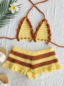 女士休闲可爱镂空露背针织短款上衣和裤子套装，时尚条纹纹理波西米亚风比基尼海滩街头装，波西米亚海滩度假约会派对沙滩装 - 黃色 - 查看 8