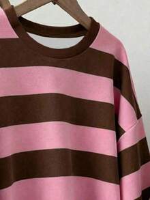 Y2K风格撞色条纹套头卫衣，休闲宽松圆领长袖高品质女士冬季服装，适合情人节穿着。 - 藕粉色 - 查看 3