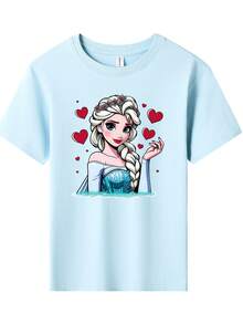 Camiseta con estampado de corazones de Elsa de Disney para niñas - Diseño de ropa infantil de estilo corto, casual y lindo. Cómoda y casual para usar todo el año, adecuada para fiestas y juegos. Lavable a máquina. Regalo de ropa infantil, camisas de manga corta para niñas - Celeste - Ver 2