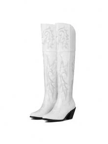 Vintage Womens Thigh High Cowgirl Boots Wide Calf Snip Toe Embroidered Western Cowgirl Boots For Women Retro Wedding Dressy Rodeo Summer Riding Boot - 白色 - 查看 9