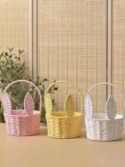 Handmade Woven Rabbit Ear Flower Basket, Floral Basket, Gift Basket, Creative Storage Basket, Rattan-Look Handwoven Storage Basket, Retro Wall-Mounted Basket, Portable Small Flower Basket, Kitchen Wall-Mounted Basket