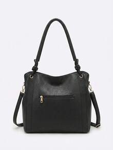 Minimalist Hobo Shoulder Bag With Slouchy Knot And Tassel Detail, Large Capacity - Black - View 2