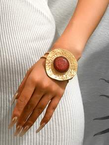 1pc Fashionable Geometric Open Bangle Bracelet, Suitable For Mother's Day, Party, Vacation, Holiday, Casual Daily Wear - Yellow Gold - View 2