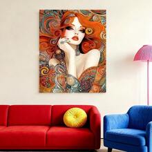Con marco 1 pieza de Arte en Lienzo con Marco Estilo Gustav Klimt - Mujer de Cabello Rojo Vibrante con Patrones Intrincados,Lienzo Artesanal y Marco de Madera Maciza, Decoración de Pared Lista para Colgar para Sala de Estar, Dormitorio, Oficina, Obra Inspirada por Klimt  Listo para Colgar, Plano 2D, Perfecto para la Decoración del Cuarto - Enmarcado - Ver 2